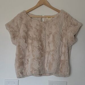 Anthropologie Plush Short Sleeve Faux Fur Top - Cream